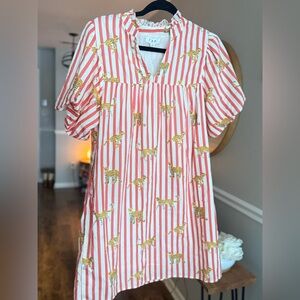 Coral Pink Cheetah Stripe Cotton Dress with Ruffle Neckline & Pockets
